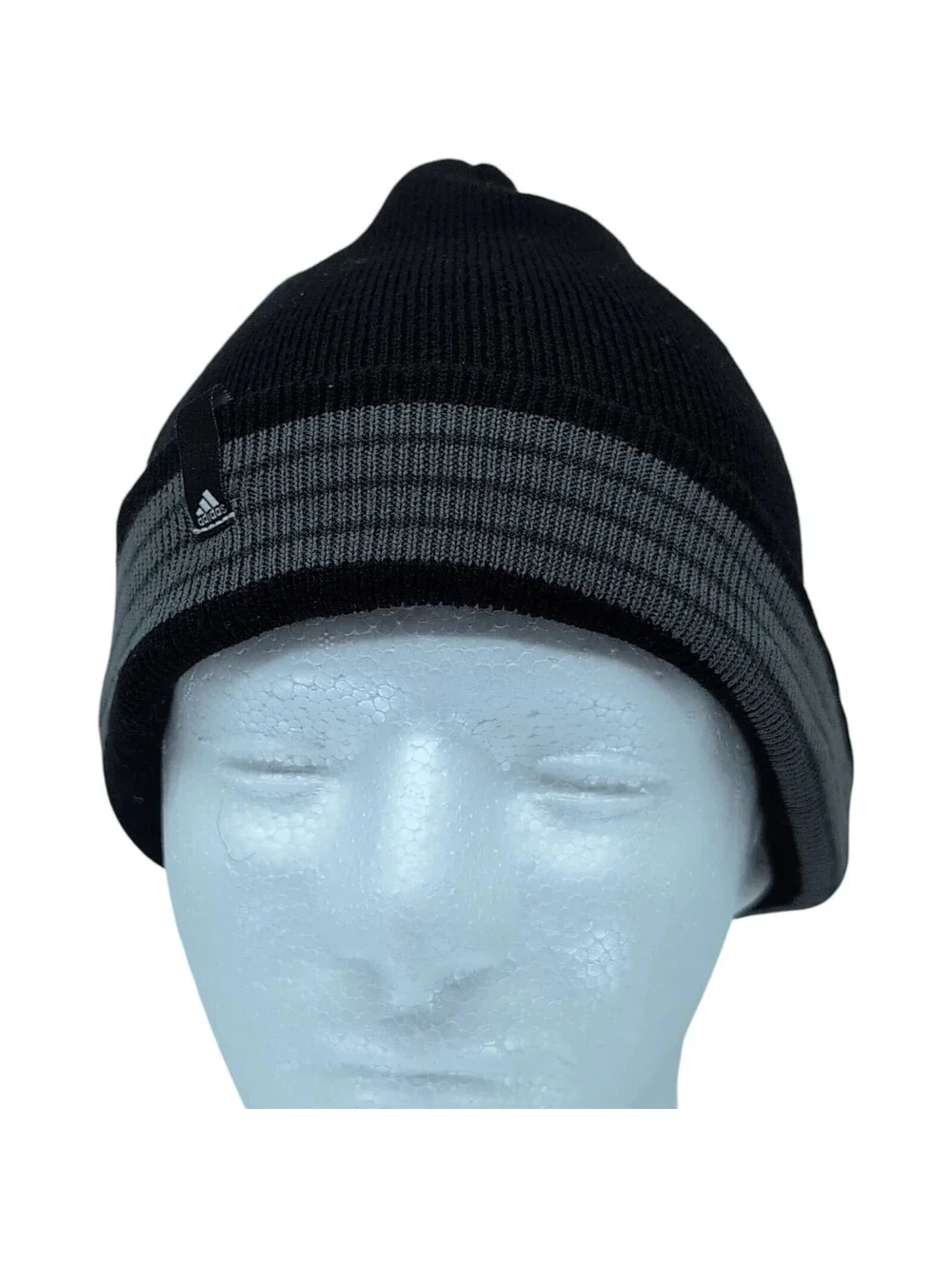 Adidas Hat Cap Beanie One Size Black Gray Stripe Knit Acrylic Mens Winter